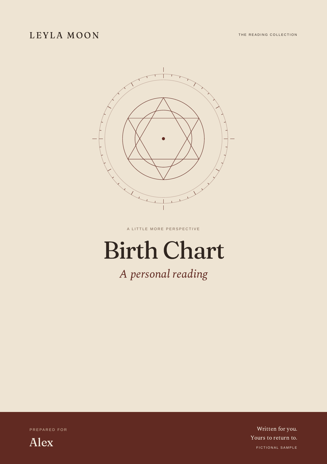 A page from the fictional Leyla Moon Birth Chart sample reading